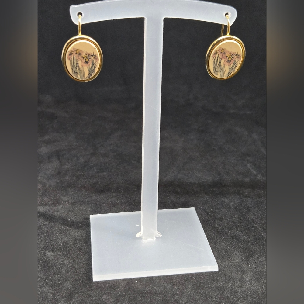 Barlow Lily Iris Flower Oval Gold Tone Earrings